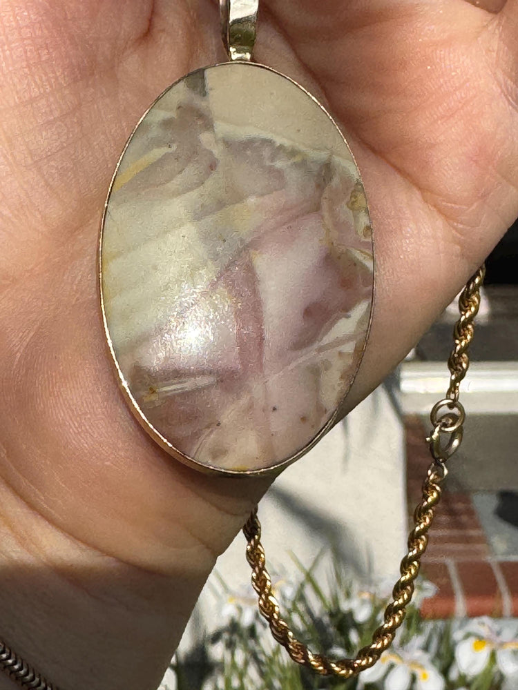 14K Gold Willow Creek Jasper & Watermelon Tourmaline Pendant – Art Nouveau Style – One of a Kind Incredible Vintage Statement Piece