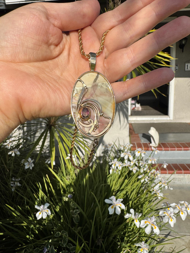 14K Gold Willow Creek Jasper & Watermelon Tourmaline Pendant – Art Nouveau Style – One of a Kind Incredible Vintage Statement Piece