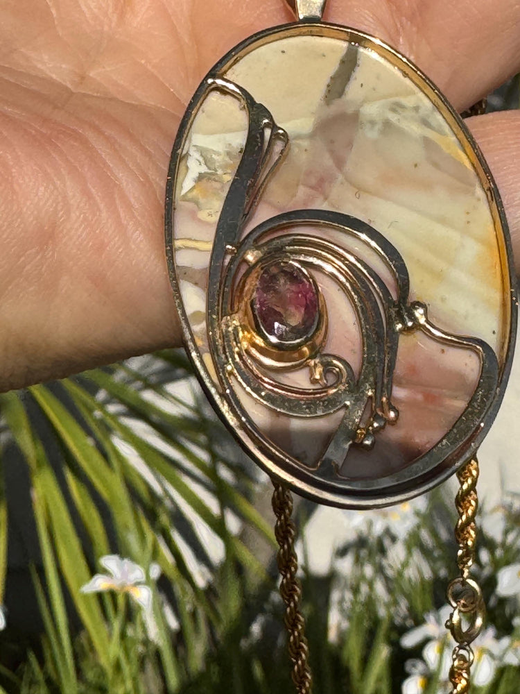 14K Gold Willow Creek Jasper & Watermelon Tourmaline Pendant – Art Nouveau Style – One of a Kind Incredible Vintage Statement Piece