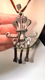 Vintage Brutalist Iron Figure Pendant Necklace: Hand-Forged Tribal Jewelry, 28" Leather Cord