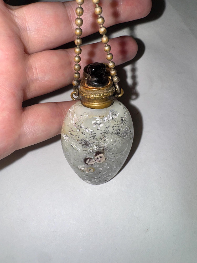 Rare Victotian White Aventurine Murano Perfume Bottle 1840s Chatelaine with Tiny Portraits Venetian