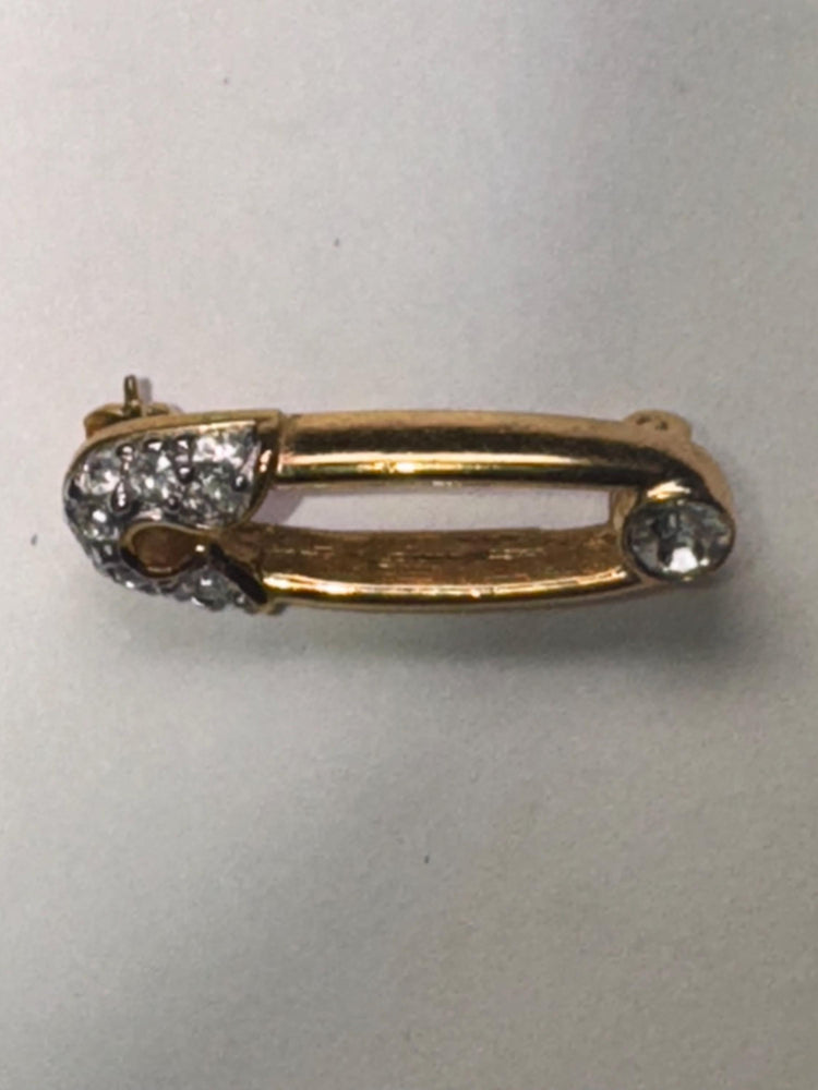 Vintage Trifari Safety Pin Brooch – Gold Tone Rhinestone Mid Century Costume Jewelry