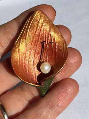 Vintage Calla Lily Enamel Brooch with Pearl and 14K Gold Accent Unique and Unusual