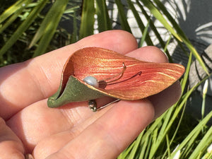 Vintage Calla Lily Enamel Brooch with Pearl and 14K Gold Accent Unique and Unusual