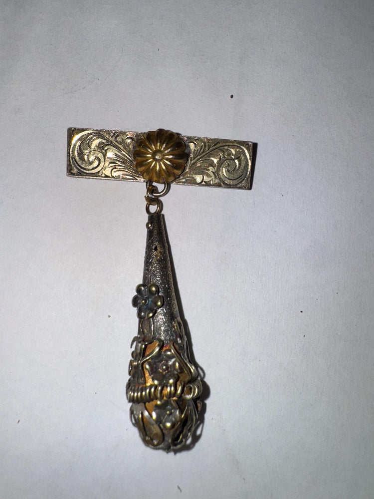 Antique Sterling Silver & 14k Gold Watch Pin Brooch – Victorian Floral Drop, Mixed Metal, C-Clasp