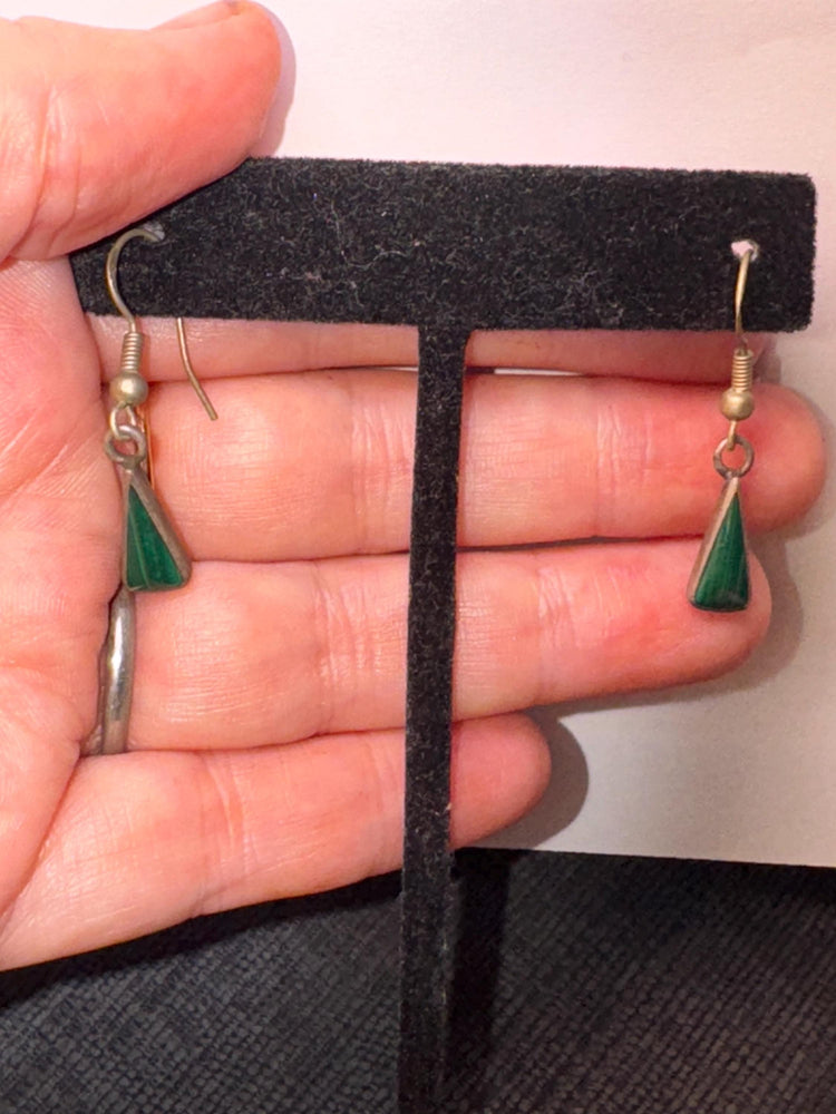 Vintage Green Malachite Inlay Dangle Earrings – Trapezoid Drop, Silver Tone, Boho Southwestern Style