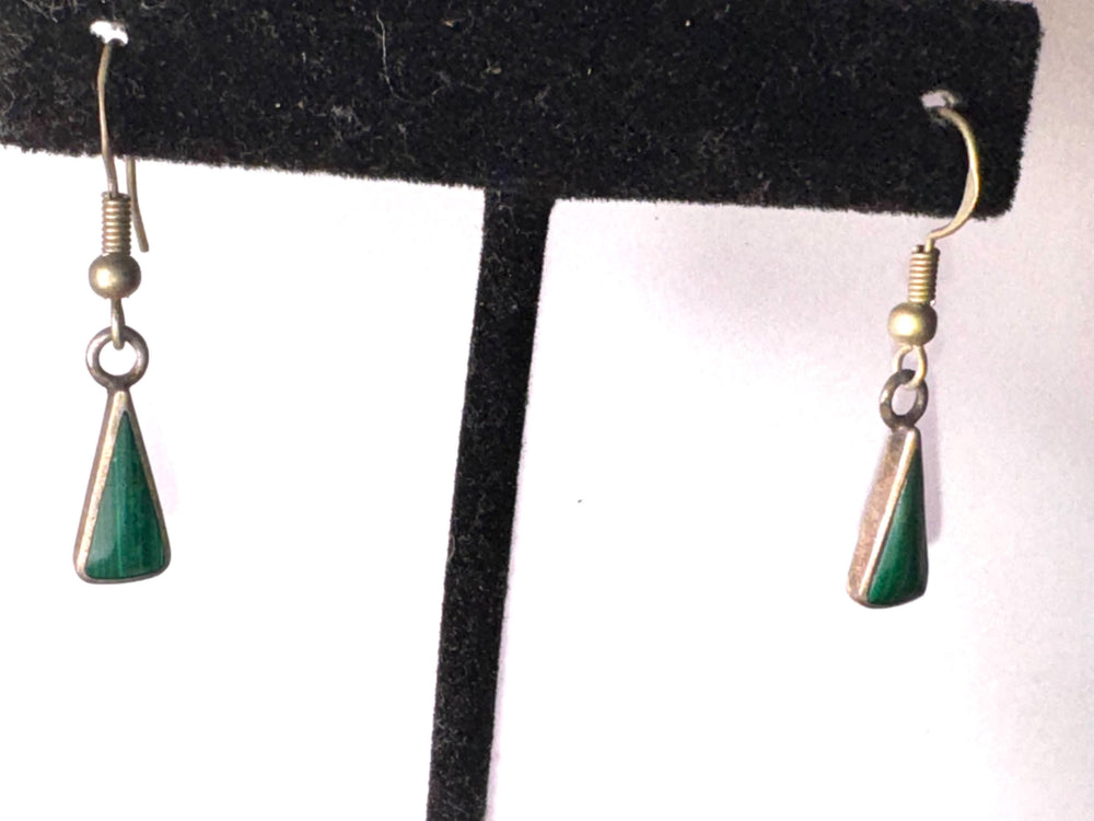 Vintage Green Malachite Inlay Dangle Earrings – Trapezoid Drop, Silver Tone, Boho Southwestern Style