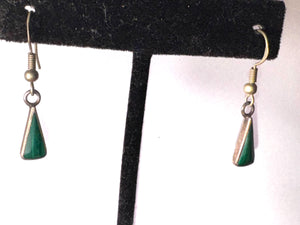 Vintage Green Malachite Inlay Dangle Earrings – Trapezoid Drop, Silver Tone, Boho Southwestern Style