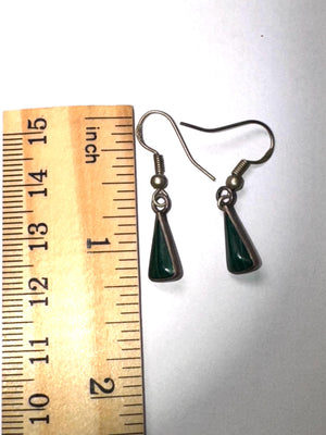 Vintage Green Malachite Inlay Dangle Earrings – Trapezoid Drop, Silver Tone, Boho Southwestern Style