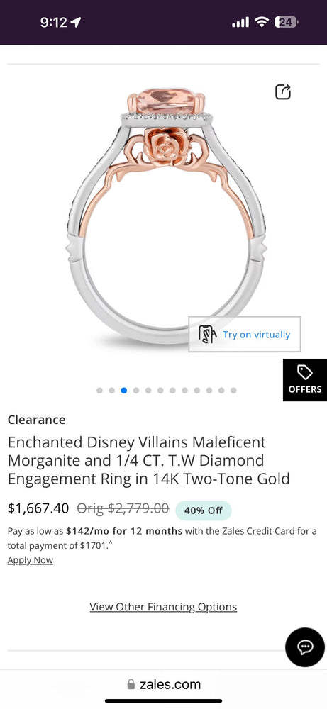 Enchanted Disney Villains Maleficent Morganite & Diamond Ring | 14K Two-Tone Gold | Black Diamond Engagement Ring | Size 8