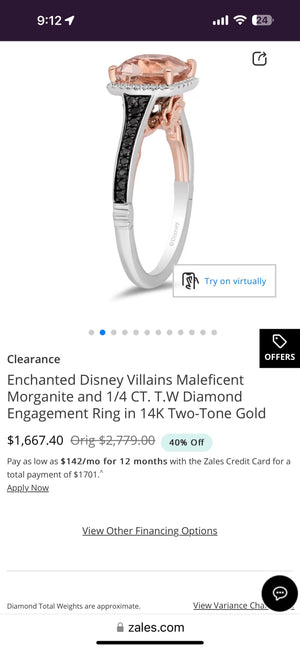 Enchanted Disney Villains Maleficent Morganite & Diamond Ring | 14K Two-Tone Gold | Black Diamond Engagement Ring | Size 8