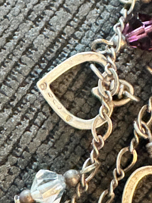 Sterling Silver Heart Charm Necklace with Crystal and Glass Beads