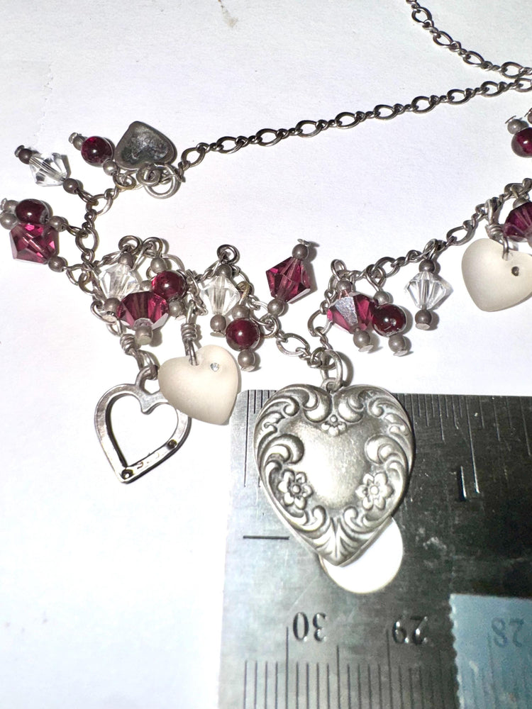Sterling Silver Heart Charm Necklace with Crystal and Glass Beads