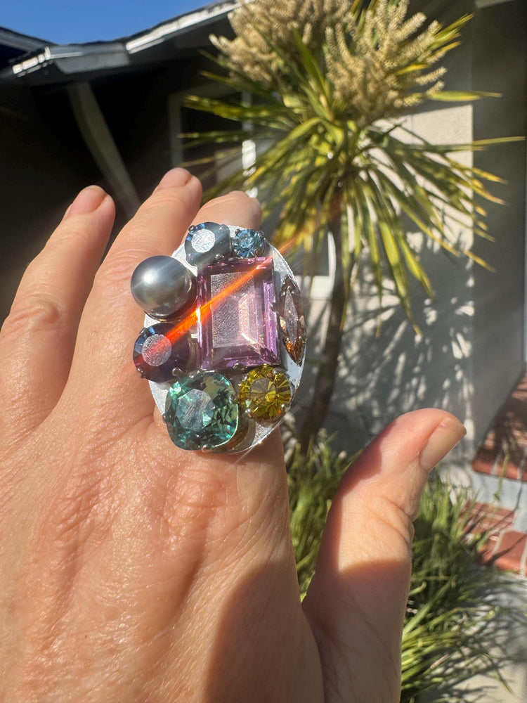 Philippe Ferrandis Paris Crystal Cocktail Ring: Faux Pearl, Adjustable Size 6-9