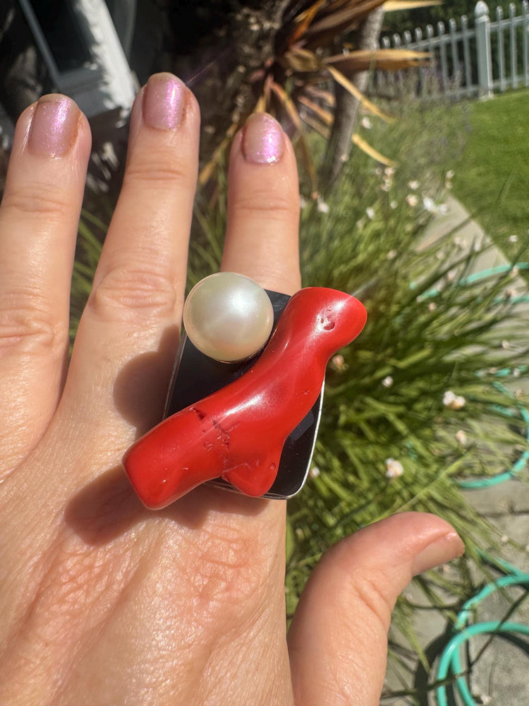 Philippe Ferrandis Paris Statement Ring: Coral, Faux Pearl, Patina Finish, Adjustable Size 6-9