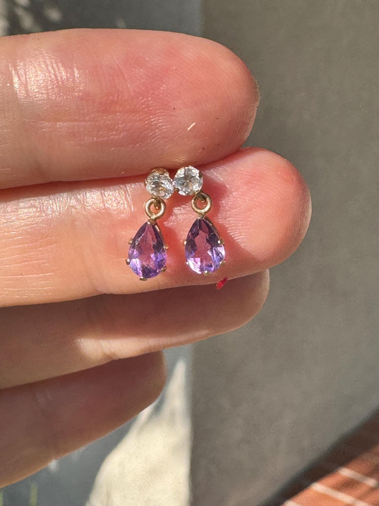 Vintage 10k Gold Amethyst & CZ Drop Earrings – Pear Cut Purple Stone Dangle Studs