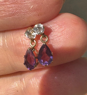 Vintage 10k Gold Amethyst & CZ Drop Earrings – Pear Cut Purple Stone Dangle Studs