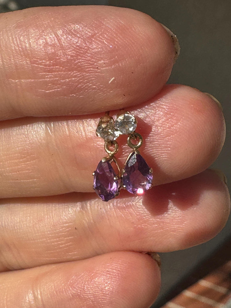 Vintage 10k Gold Amethyst & CZ Drop Earrings – Pear Cut Purple Stone Dangle Studs