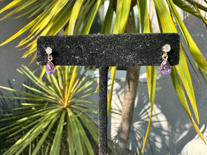 Vintage 10k Gold Amethyst & CZ Drop Earrings – Pear Cut Purple Stone Dangle Studs