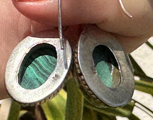 Vintage Sterling Silver Malachite Dangle Earrings – Oval Green Gemstone Jewelry 925 Southwestern
