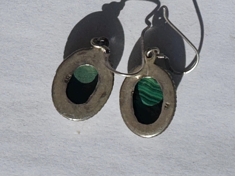 Vintage Sterling Silver Malachite Dangle Earrings – Oval Green Gemstone Jewelry 925 Southwestern