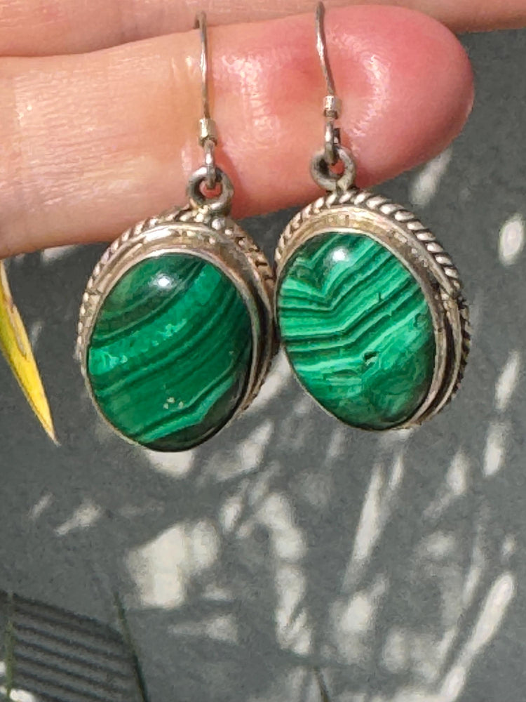 Vintage Sterling Silver Malachite Dangle Earrings – Oval Green Gemstone Jewelry 925 Southwestern