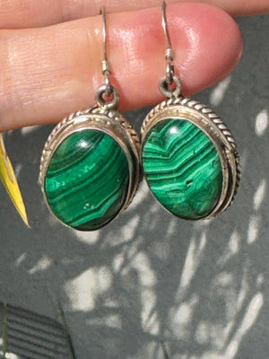 Vintage Sterling Silver Malachite Dangle Earrings – Oval Green Gemstone Jewelry 925 Southwestern