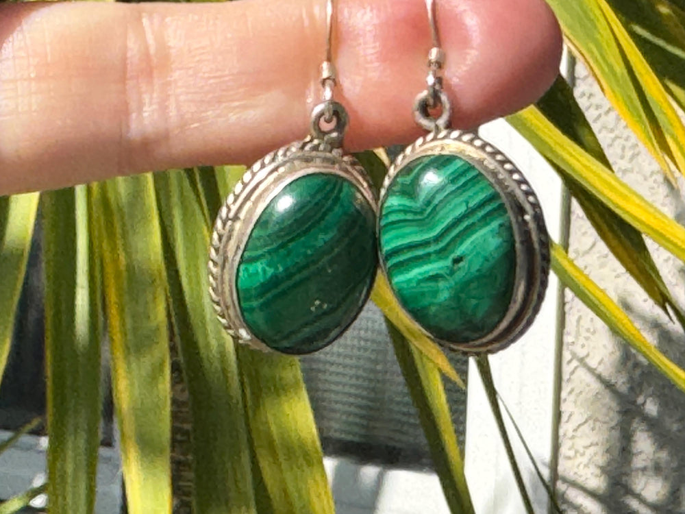 Vintage Sterling Silver Malachite Dangle Earrings – Oval Green Gemstone Jewelry 925 Southwestern