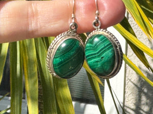Vintage Sterling Silver Malachite Dangle Earrings – Oval Green Gemstone Jewelry 925 Southwestern