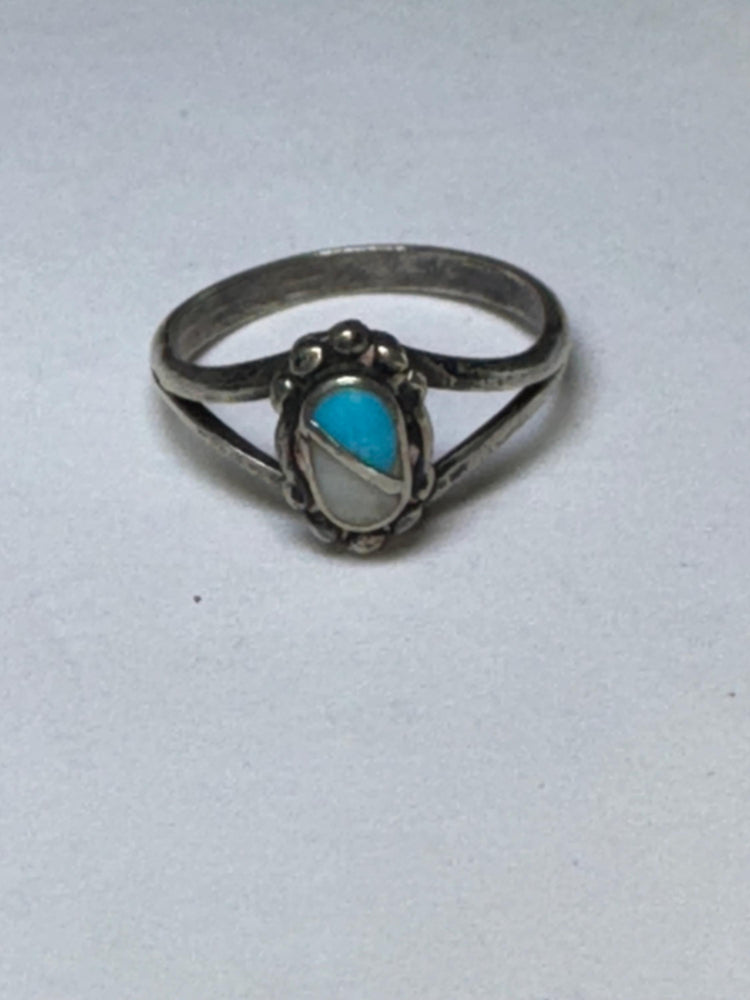 Vintage Zuni Sterling Silver Inlay Ring: Turquoise & Mother of Pearl, Size 7