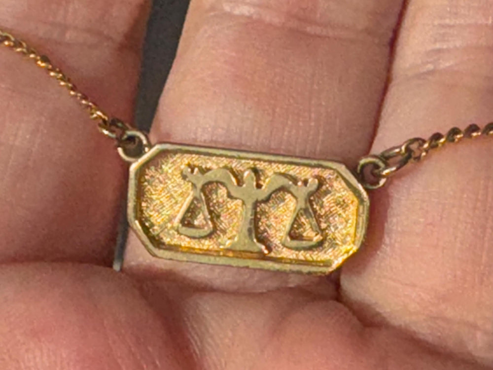 Vintage Trifari Libra Zodiac Necklace – Gold Tone Astrology Pendant, Mid-Century Horoscope Jewelry Choker