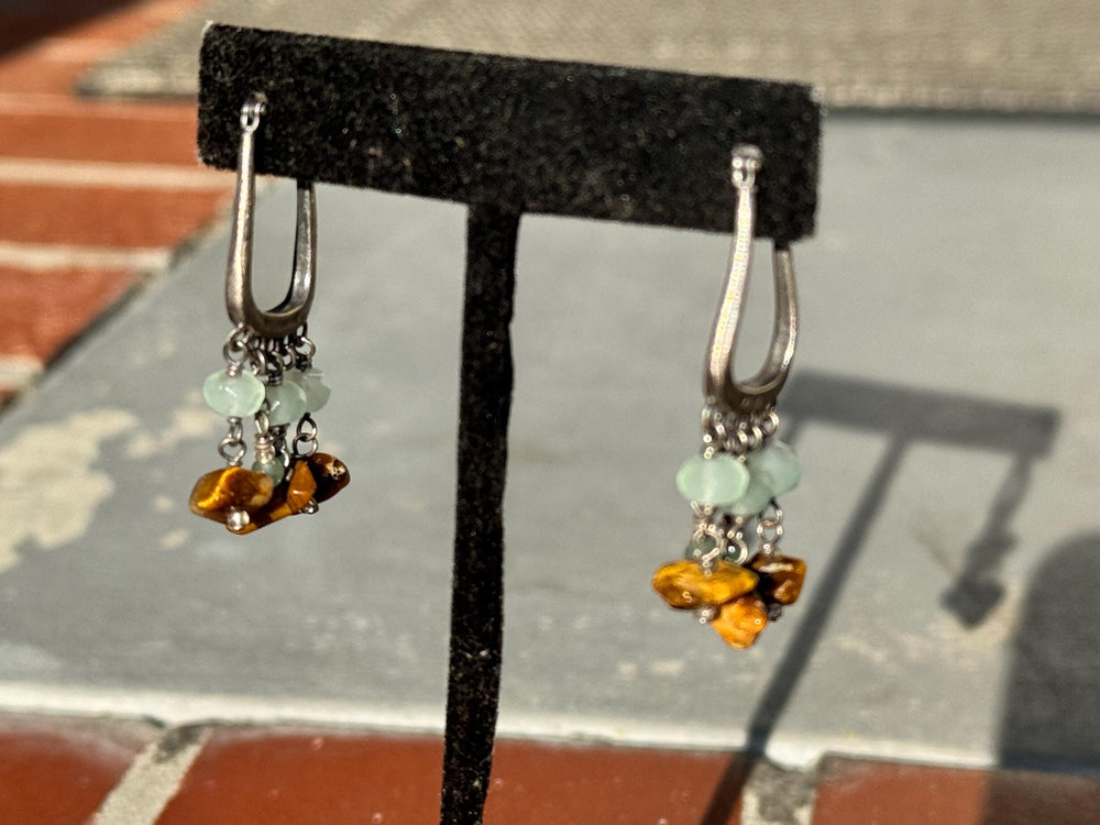 Sterling Silver Native American Dangle Earrings – RB Hallmark – Green Prehnite & Amber Gemstone Beads