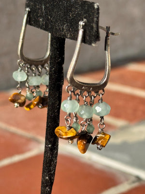 Sterling Silver Native American Dangle Earrings – RB Hallmark – Green Prehnite & Amber Gemstone Beads