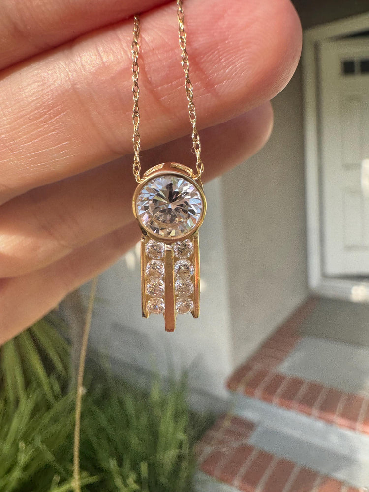 Vintage Solid 14K Gold CZ Pendant with 18 inch 10K Gold Chain – Art Deco Slide Design, Reversible Wear