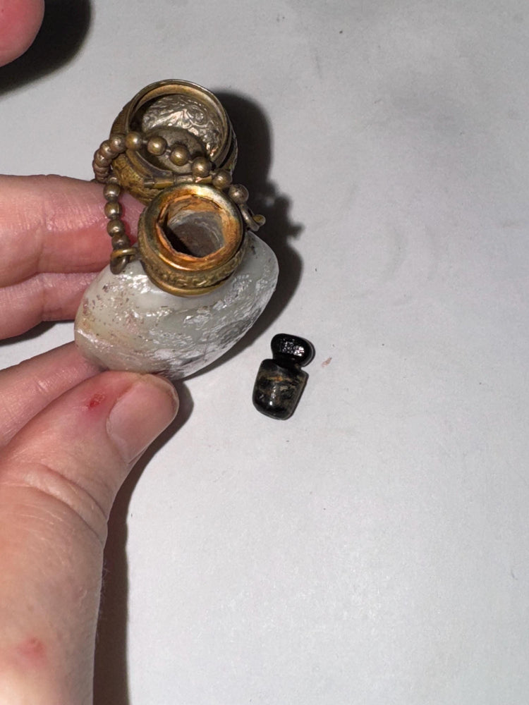Rare Victotian White Aventurine Murano Perfume Bottle 1840s Chatelaine with Tiny Portraits Venetian