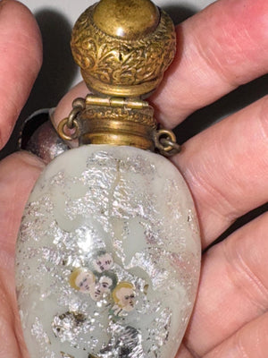 Rare Victotian White Aventurine Murano Perfume Bottle 1840s Chatelaine with Tiny Portraits Venetian