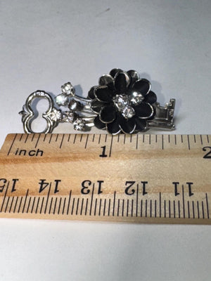 Vintage Skeleton Key Brooch with Black Enamel Flower and Rhinestones – Mid-Century Costume Jewelry