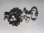Vintage Skeleton Key Brooch with Black Enamel Flower and Rhinestones – Mid-Century Costume Jewelry