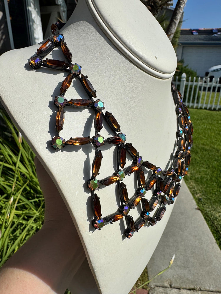 Vintage Amber Rhinestone Bib Necklace: Japanned Setting, Aurora Borealis, 1950s Glamour