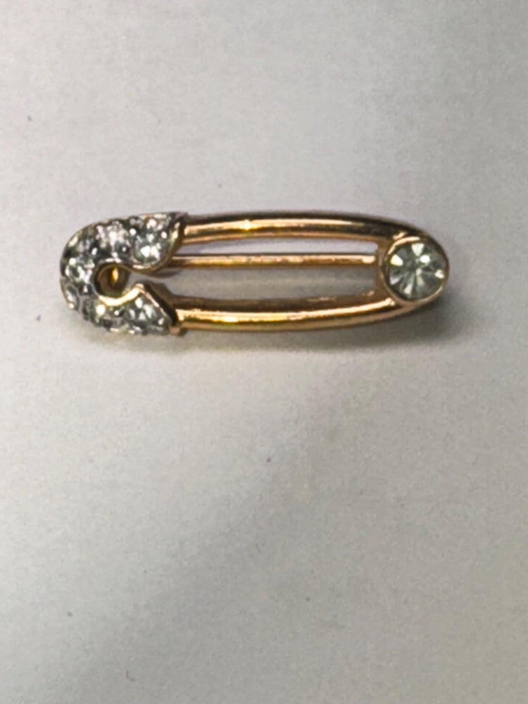 Vintage Trifari Safety Pin Brooch – Gold Tone Rhinestone Mid Century Costume Jewelry