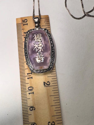 Vintage Sterling Silver Fu Lu Shou Pendant: Lavender Stone Good Luck Necklace