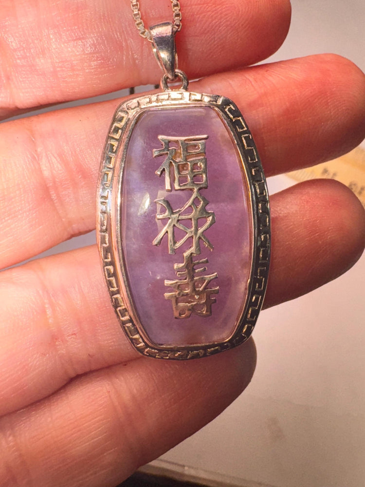 Vintage Sterling Silver Fu Lu Shou Pendant: Lavender Stone Good Luck Necklace