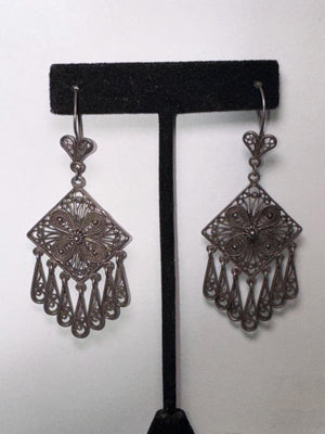 Vintage Turkish Sterling Silver Filigree Dangle Earrings – DGS 925 Handmade Boho Jewelry