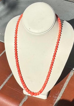 Antique Mediterranean Coral Necklace 26” – Natural Corallium Rubrum Beads, Silvertone Clasp Pull Over