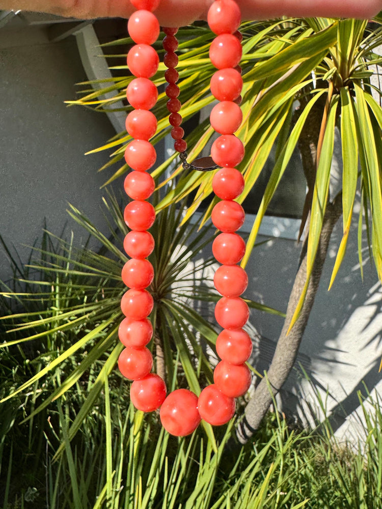 Antique Mediterranean Coral Necklace 26” – Natural Corallium Rubrum Beads, Silvertone Clasp Pull Over