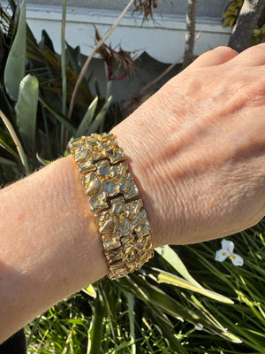 Vintage Gold-Plated Nugget Link Bracelet – Unisex, 7.5” Long x 0.75” Wide