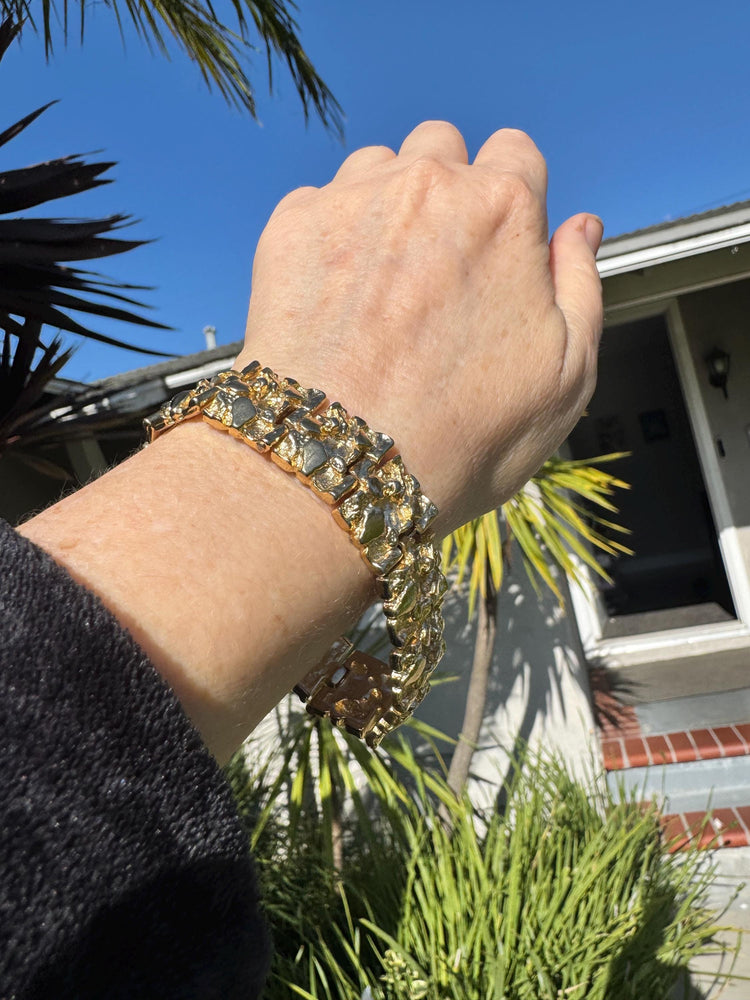 Vintage Gold-Plated Nugget Link Bracelet – Unisex, 7.5” Long x 0.75” Wide