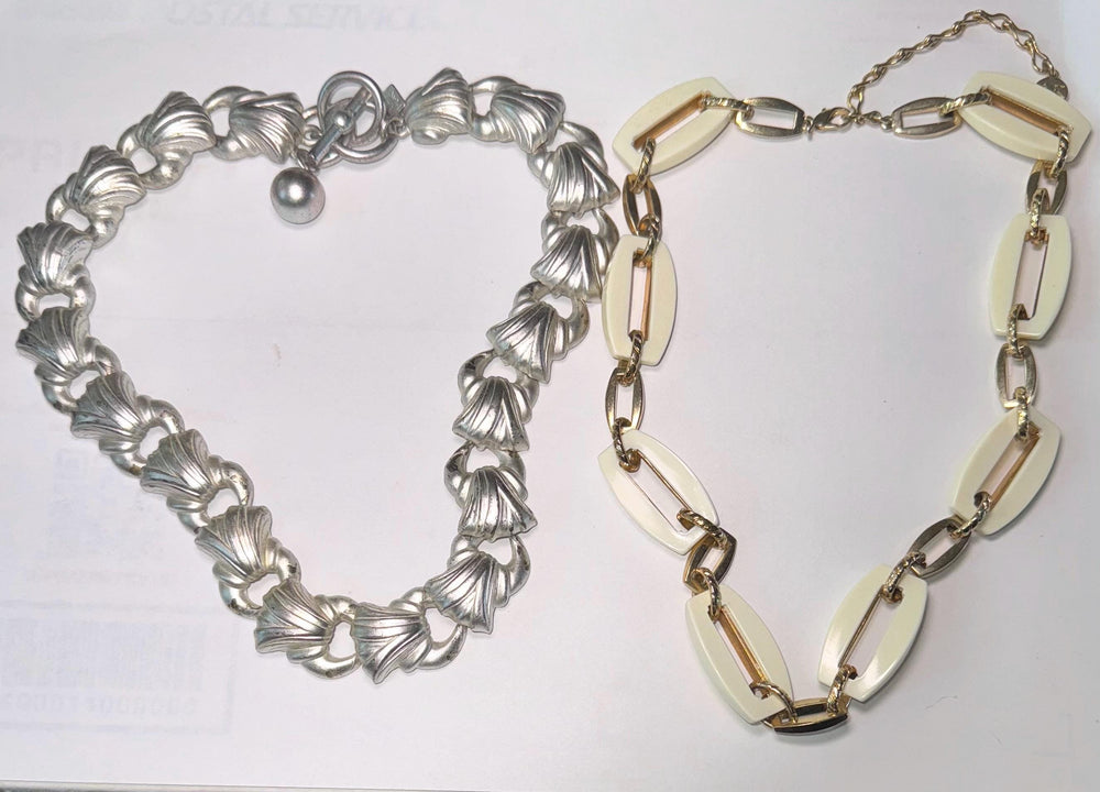 Anne Klein Necklace Lot – Silver Tone & Cream Link Statement Estate Jewelry