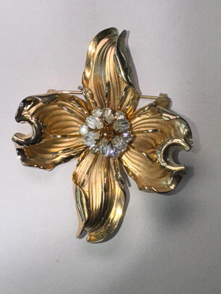Vintage 1950s Gold-Tone Orchid Brooch with Rhinestones – Hollywood Regency Costume Jewelry