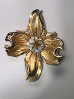 Vintage 1950s Gold-Tone Orchid Brooch with Rhinestones – Hollywood Regency Costume Jewelry